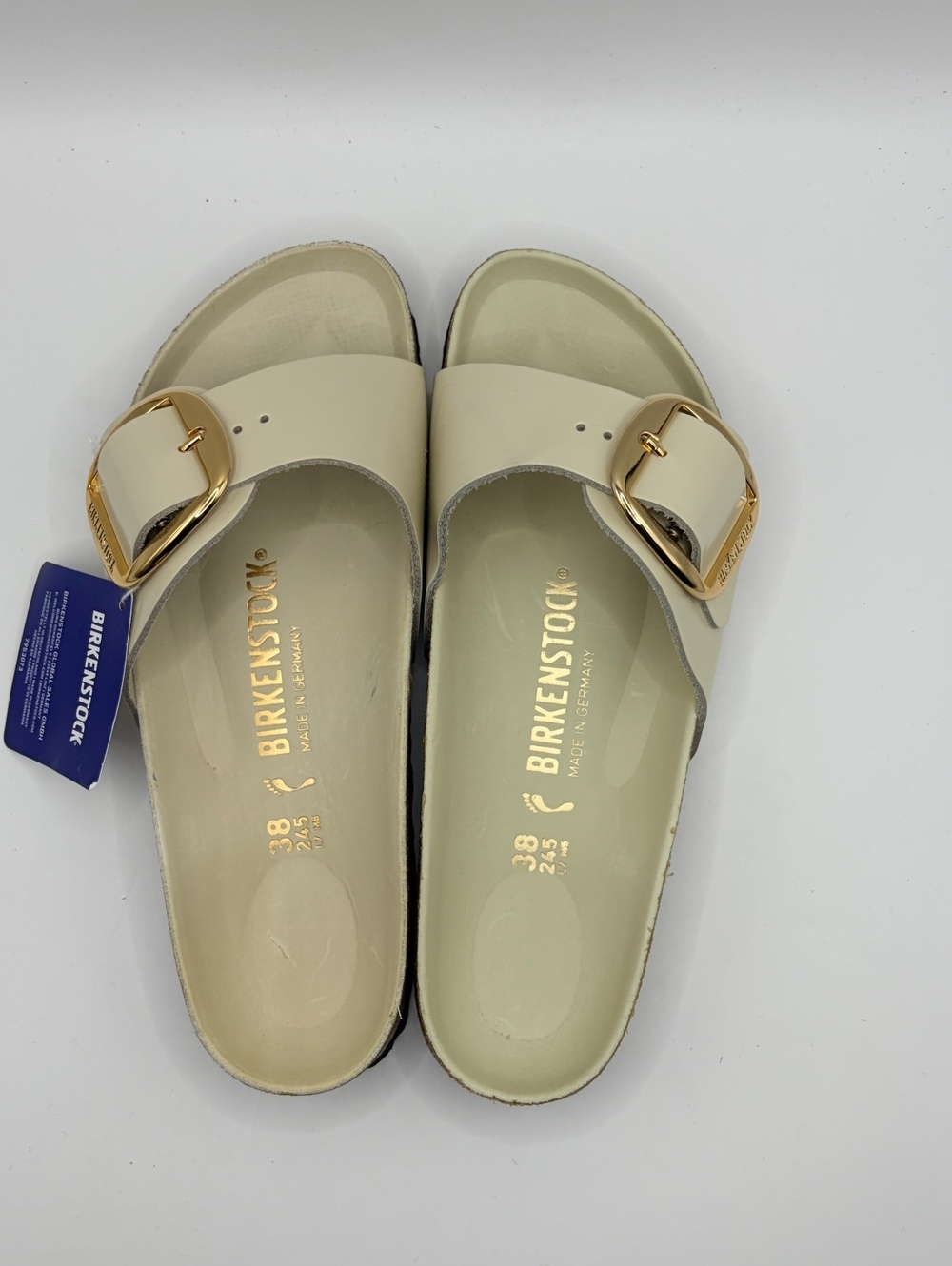 Birkenstock Madrid Big Buckle Baby Blue Gold Sandals EU 38 Narrow No Box